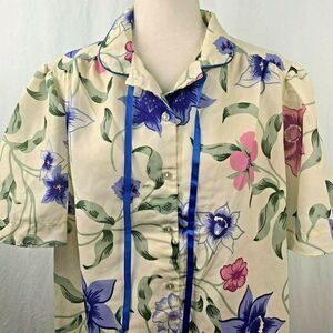 Vintage ReAction Plus Floral Blouse Shirt Collared Button Front Cream Blue Pink